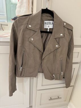 pistola taupe-gray leather moto jacket